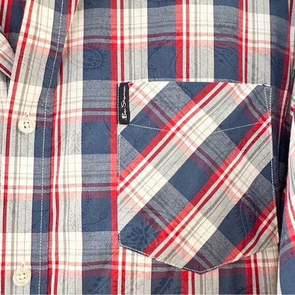 Ben Sherman Red White Blue Plaid Paisley Long Sleeve Button Down Shirt sz Large - Picture 4 of 5